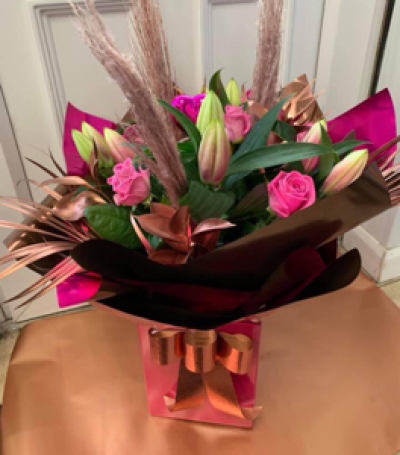 Cerise and Rose Gold Aqua pack - Pink lillies, pink roses, rose gold foliage and pampas grass