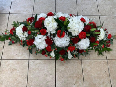 Red and white hydrangea coffin spray - 